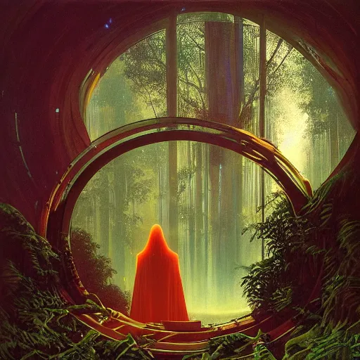 Image similar to portal in a middle of a lush futuristic forest, alien world seen through a portal, person in a cloak standing in front of a portal, syd mead, john harris