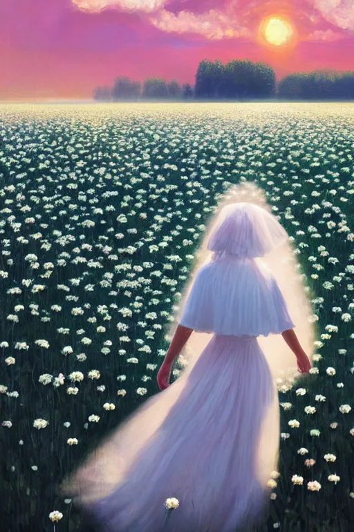 Prompt: giant white daisy flowers over face veil, girl walking in a flower field, surreal photography, sunrise, dramatic light, impressionist painting, colorful clouds, digital painting, artstation, simon stalenhag