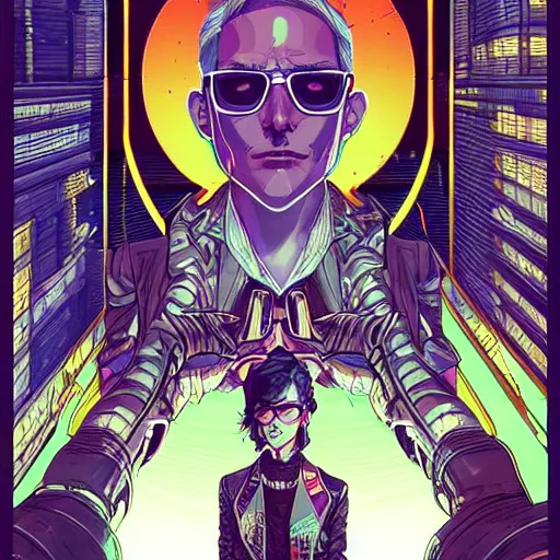 Prompt: a greedy cyberpunk ceo male with side swept short black hair and glasses, symmetrical tarot card artstation, hyperdetailed, dark lighting, artstation by james jean, moebius style