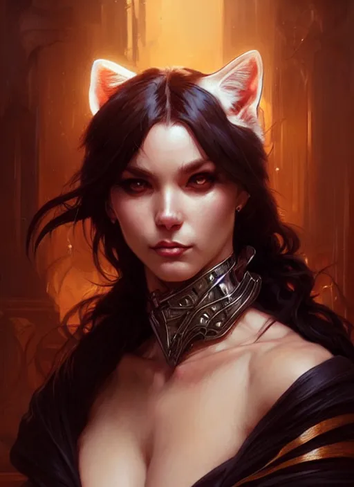 Prompt: portrait of aggressive cat woman humanoid, d & d, sexy! fantasy, intricate, elegant, highly detailed, digital painting, artstation, concept art, smooth, sharp focus, illustration, art by artgerm and greg rutkowski and alphonse mucha