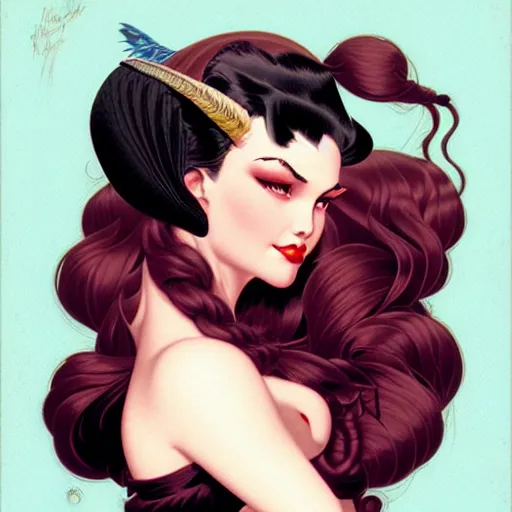 Image similar to head and shoulders portrait of Morrigan of Darkstalkers illustration, medium shot, intricate, elegant, highly detailed, digital art, ffffound, art by gil elvgren and sachin teng