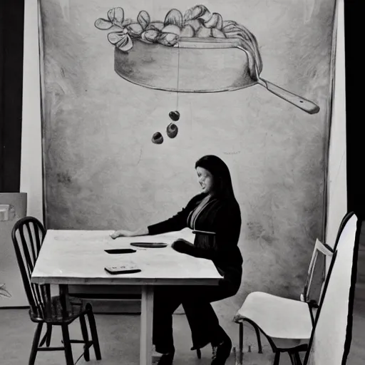 Prompt: A 10ft by 10ft art studio, an attractive woman is sitting at the table in the middle of the room with an apple on the table, woman his holding a sign, table is centered