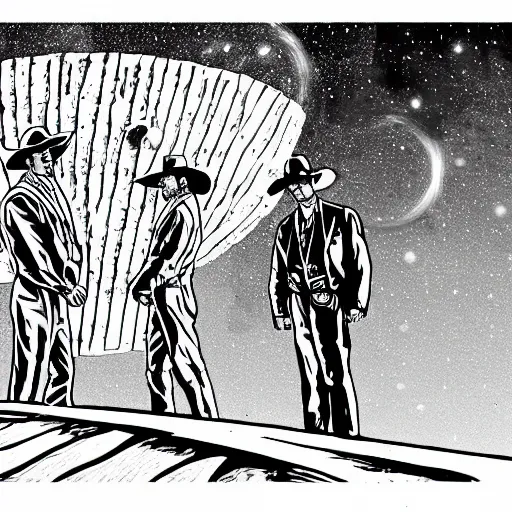 Image similar to hand drawn image of wyatt earp and doc holliday standing on the deck of a spacecraft, inspired by the movie interstellar, high detail