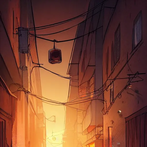 Image similar to A dirty alleyway at sunset, dramatic lighting, illustration by Rossdraws, professional portfolio, 4k, digital art, concept art, golden hour, trending on artstation