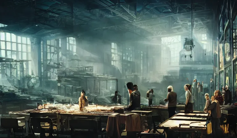 Image similar to group of people in simple warehouse, looking at hologram of futuristic dense metropolis on a table, cinematic concept art, godrays, golden hour, natural sunlight, 4 k, clear details, tabletop model buildings, center model buildings, hologram center, crane shot, crane shot, crane shot