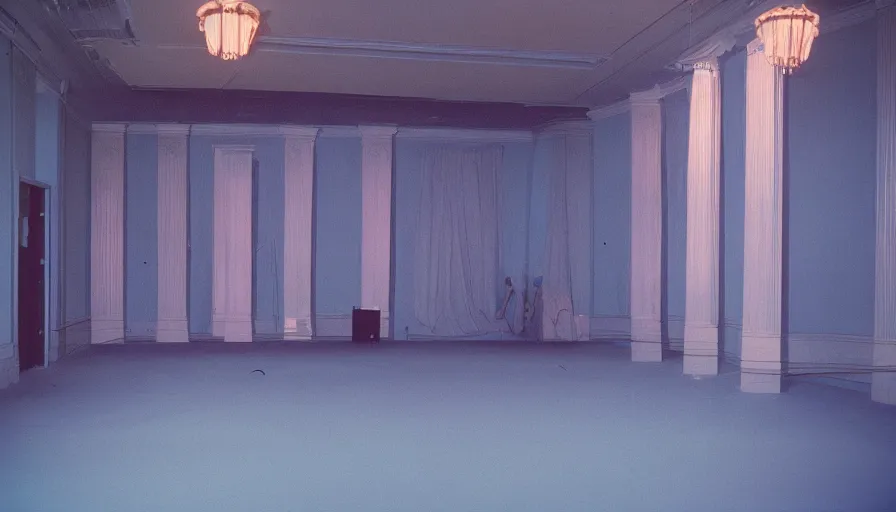 Image similar to 60s movie still of corpses in a empty light blue ballroom, cinestill 800t 50mm eastmancolor, liminal Space style, heavy grain-s 150