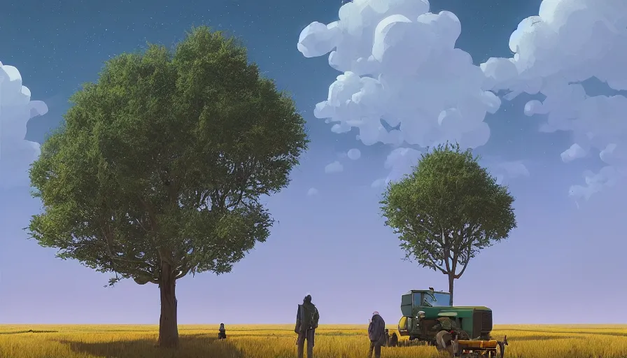 Prompt: floating black hexagons in the sky, wheat harvesting, big tree, person, matte painting, art station, blue sky, simon stalenhag