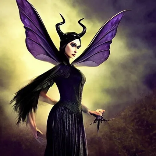 Prompt: fairy with wings, similar to maleficent, fantasy, lord of the rings, dark mood