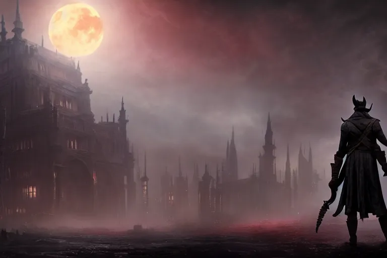 Image similar to an ultra matte painting of teferi in the style of bloodborne, concept art by art by john collier and albert aublet and krenz cushart, scary shadows, blood moon eclipse, octane render, liminal space