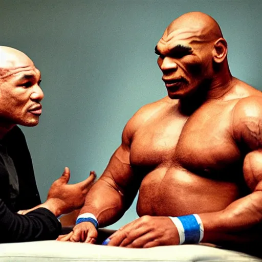 Image similar to a giant toad sitting with mike tyson in a large hotel room, movie directed by martin scorsese and christopher nolan, masterpiece, 8 h