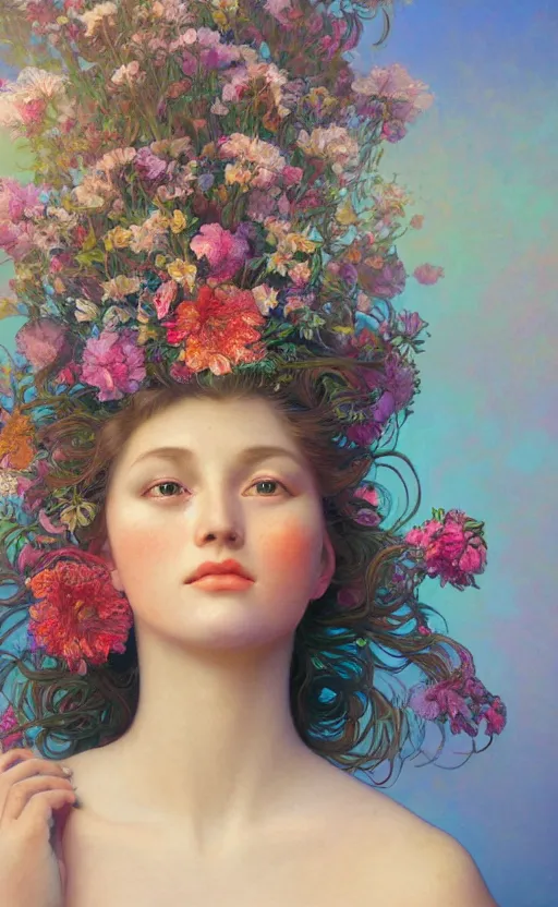 Image similar to a oil painting hyperrealism of a beautiful woman on a white background, flowers, painted by mucha, floral headdress, 8 k resolution, octane render, trending on artstation, volumetric light 2 blue fractal thunder glow by dan mumford, anaglyph effect, laurie lipton