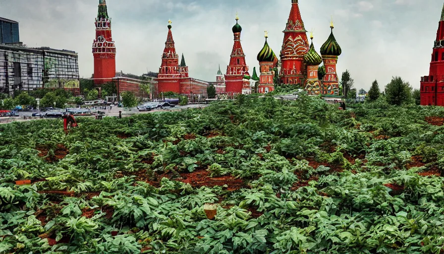 Image similar to Moscow's Red Square destroyed, abandoned and overgrown with plants, filled with mutant monsters, low angle view, hyperdetailed, artstation, 8k