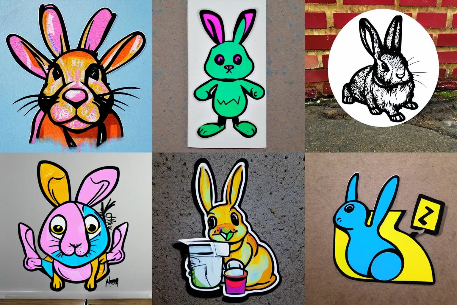 Prompt: Graffiti sticker art of a rabbit, urban art