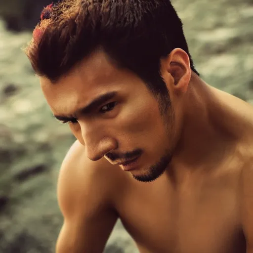Image similar to color portrait of a very handsome peruvian male model by emmanuel lubezki