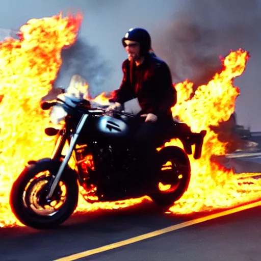 Image similar to Keanu reeves Riding a motorcycle Through Fire 4K detail
