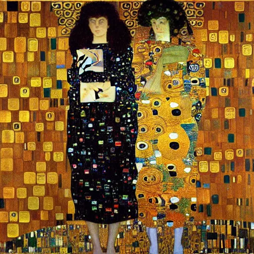 Prompt: gustav klimt painting of two women looking at a data dashboard and making a decision of great significance