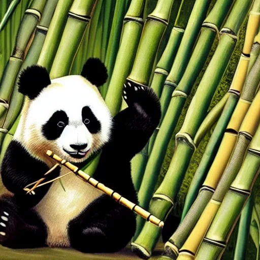 Prompt: a cute panda playing wooden flute in a bamboo forest