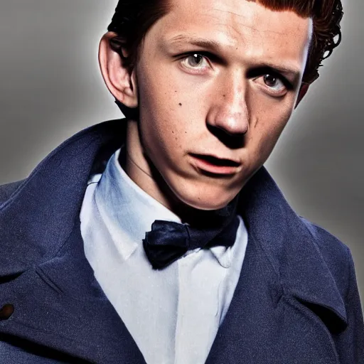 Image similar to tom holland as a rough dirty old man with a scruffy beard in a dark blue trenchcoat as the new doctor who, cinematic, volumetric lighting, f 8 aperture, cinematic eastman 5 3 8 4 film, photorealistic