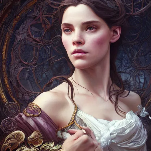 Image similar to portrait painting of beauty and a beast, ultra realistic, concept art, intricate details, eerie, highly detailed, photorealistic, octane render, 8 k, unreal engine. art by artgerm and greg rutkowski and alphonse mucha