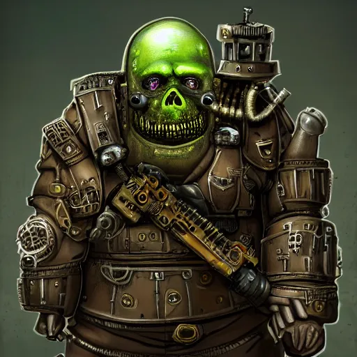 Image similar to highly detailed steampunk morbid obese undead heavy soldier with heavy machine guns, pipes connected to the head, madmax, intricate, rusty, green radioactive glow, toxic waste, Colchians painting, dynamic lighting, photorealistic concept art, trending on art station, stunning visuals, creative, cinematic, ultra detailed