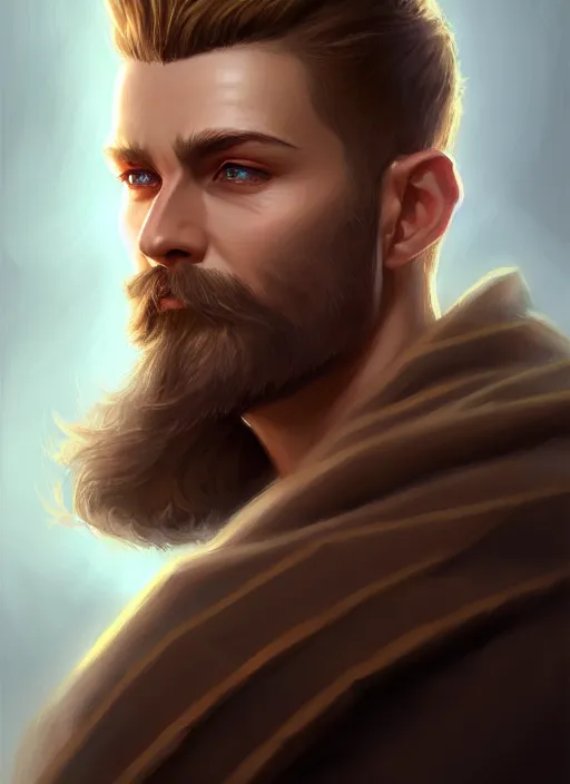 Image similar to a _ fantasy _ style _ portrait _ painting _ of wizard male, medium dark blonde pulled back side part and blonde stubble, brown eyes, rpg dnd oil _ painting _ unreal _ 5 _ daz. _ rpg _ portrait _ extremely _ detailed _ artgerm _ greg _ rutkowski _ greg