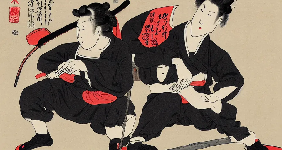 Prompt: Ukiyo-e art of squatting man in black Adidas tracksuit