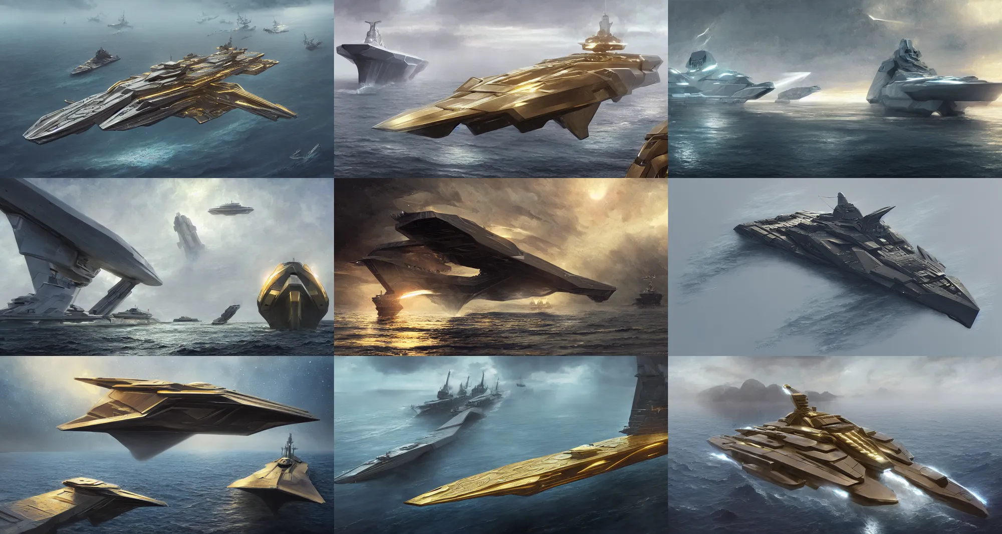 Prompt: a futuristic trimaran warship, concept battleship, gold hex tile armor, photo real, sci-fi, fantasy, intricate, elegant, highly detailed, digital painting, artstation, CGSociety, epic lighting, concept art, smooth, sharp focus, illustration, art by greg rutkowski and syd mead