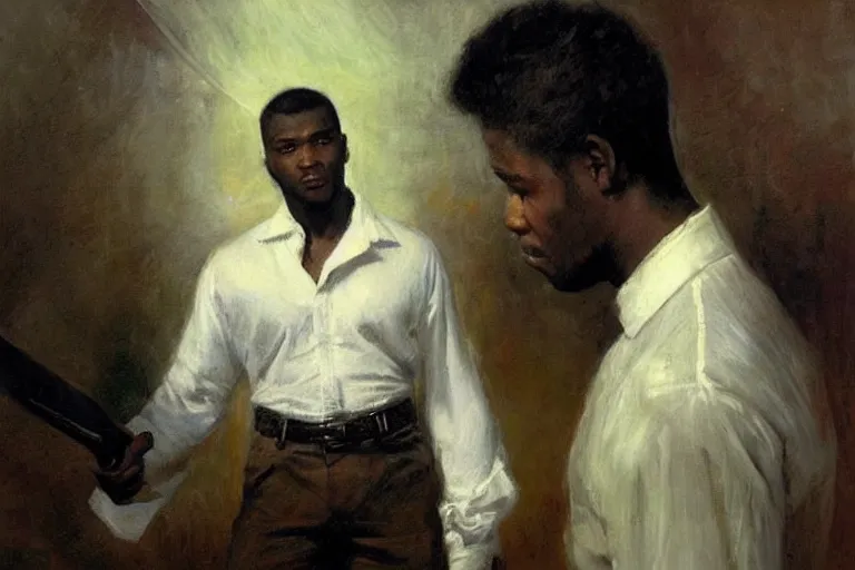 Image similar to a 3 0 year old, black contract killer wearing a pristine white dress shirt. he is hold a bloody knife. art by gaston bussiere.