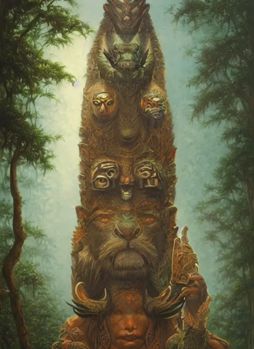 Prompt: a totem in the jungle, with faces of ancestors in the sky wearing tribal masks, hyper detailed, art by christophe vacher