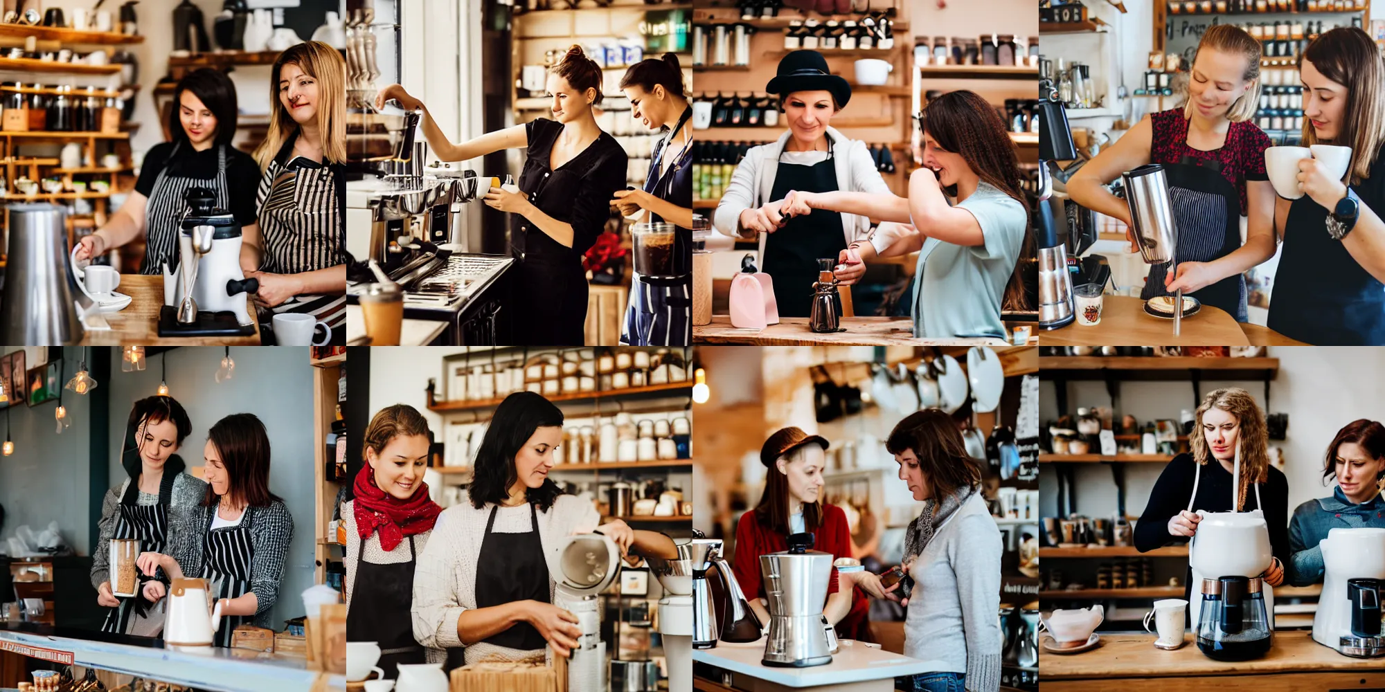 Prompt: two women creating a coffee in a shop, Ukraine. photography