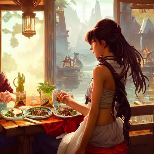 Image similar to a dinner date with the girl next door, slice of life, varying ethnicities, fantasy, elegant, highly detailed, digital painting, artstation, concept art, matte, sharp focus, illustration, hearthstone, art by Artgerm and Greg Rutkowski and Alphonse Mucha