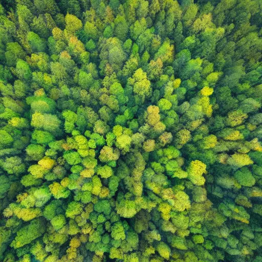 Prompt: a view from the sky of a thick forest with varying tree types, green, painted, high resolution