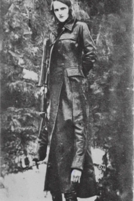 Prompt: photograph of soviet chekist comrade emma watson, standing in a long leather coat with mauser pistol, vintage revolution photograph, famous photo