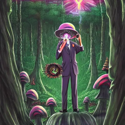 Image similar to a centered chest up portrait of a psychedelic demonic anthropomorphic forest animal in a suit smoking a hand - rolled cigarette smoking heavily, magic mushroom village in background. award winning. superb resolution. in the art style of junji ito and greg rutkowski. detailed mushroom city in background. hyper realistic anime. perfect art. dalle 2