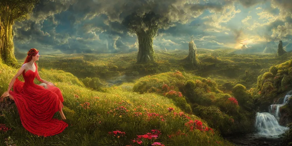 Image similar to an elegant fairy queen in a red lace dress sitting and looking out at a lord of the rings scenery landscape, vast lush valley flowers and giant mushroom structures, river, sunrise, god's rays highly detailed, vivid colour, soft clouds, floral sunset, cinematic lighting, perfect composition, 8 k, gustave dore, derek zabrocki, greg rutkowski, belsinski