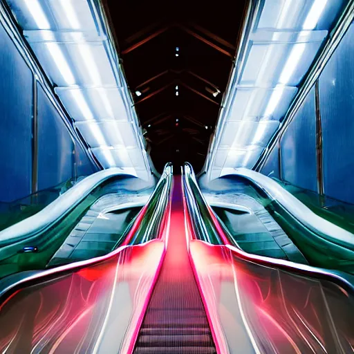 Image similar to approaching futuristic escalator inside white back glossy lit tube with streaming beams of light, building anticipation, scintillating, dichroic, movement, pastel gradients, 8 k, highly detailed, professional photograph, epic composition, modern details