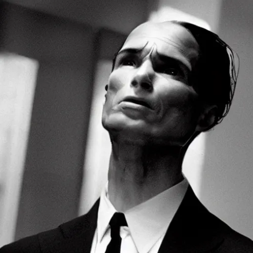 Image similar to Humanoid HIMARS as The American Psycho, cinematic still, sweating hard