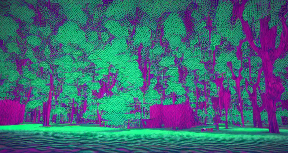 Prompt: 80s vaporwave outrun 3d Render of red deep sea forest, liminal space retro, grainy, noisy