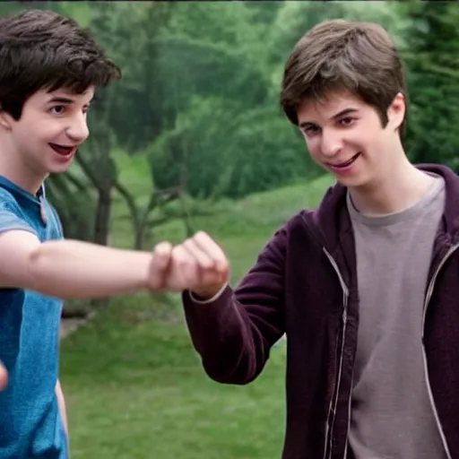 Image similar to harry potter and percy jackson playing rock paper scissors, cinematic still, high quality, high definition, 4 k