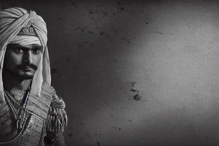 Prompt: still photo of mughal empire man looking at the camera in a battlefield, black and white color aesthetic, highly detailed, photorealistic portrait, bright studio setting, studio lighting, crisp quality and light reflections, unreal engine 5 quality render