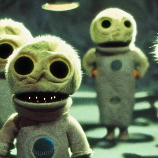 Image similar to 1 9 7 6 synthetic fur monsters with large eyes, standing on a martian landscape, cinematic movie scene, inspired by the movie the fifth element