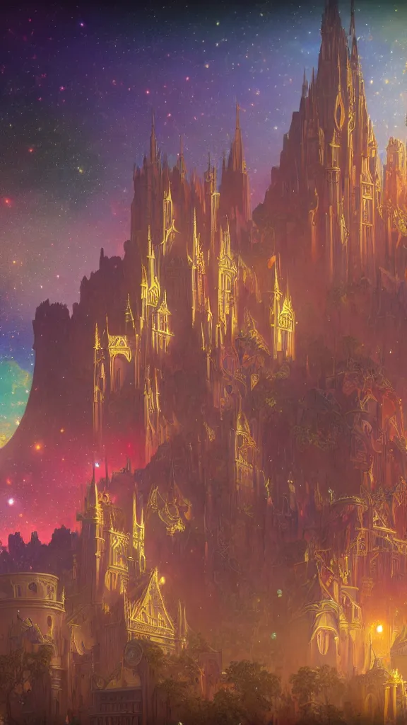 Prompt: a beautiful highly detailed matte painting of colorful castle nebulas by moebius, alphonse mucha, stars in the background, highly detailed, intricate design, 8 k resolution, octane render, trending on artstation and cgsociety