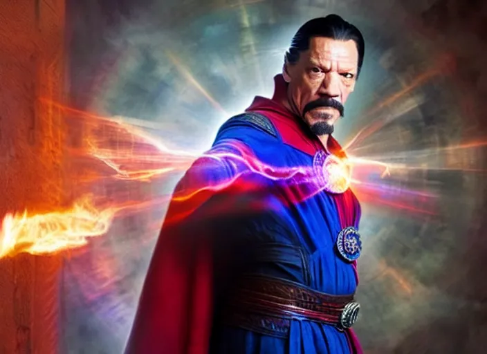 Prompt: film still of danny trejo as dr strange using magic in multiverse of madness, 8 k