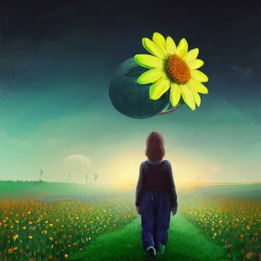 Image similar to giant daisy flower as a head, girl walking in flower field, surreal photography, moon light, dark night, dramatic, impressionist painting, clouds, digital painting, artstation, simon stalenhag