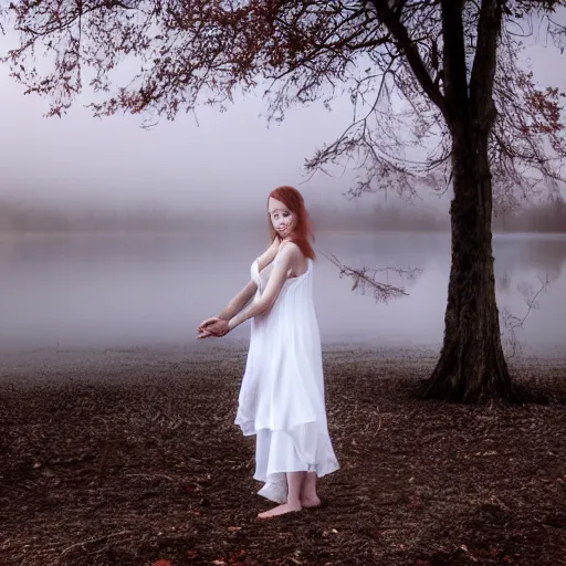 Image similar to a soaking wet ghostly woman in a white dress dancing in a quiet misty lake, high resolution photograph, late autumn, sunset, eerie light