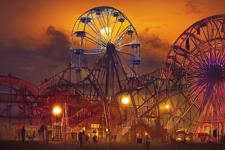 Image similar to Digital Matte Illustration of a beautiful dark Galveston Pleasure Pier night with ferris wheel, roller coaster and lighted swing, in the style of Greg Rutkowski