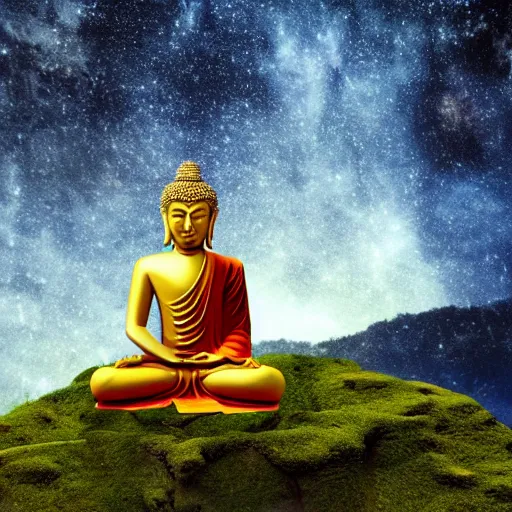 Prompt: a buddha meditating in a dreamy cave and overlooking a vast plain, mossy rocks, a sky full of stars background, 4 k, hyper realistic, in he style of national geographic, coherent design, symmetrical, vivid colour, complementary colour, golden ratio, detailed, sharp lines, intricate, rainbow shift, in unreal 3 d engine, ray tracing, octane render