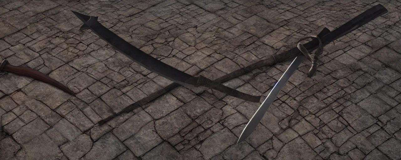 Image similar to basic steel sword, shortsword, wood, leather, medieval, forged, blacksmith, product design, art by gerald brom, greg rutkowski and artgerm and james jean and zdzisław beksinski, 8 k, unreal engine, c 4 d