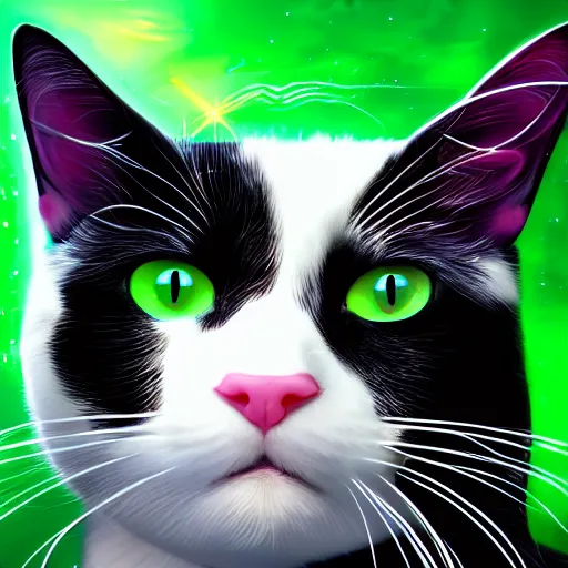 Image similar to Portrait of a black and white cat mob boss in space with colorful bright green eyes, medium shot, hd, 8k, hyper-realism, detailed, octane 8k,