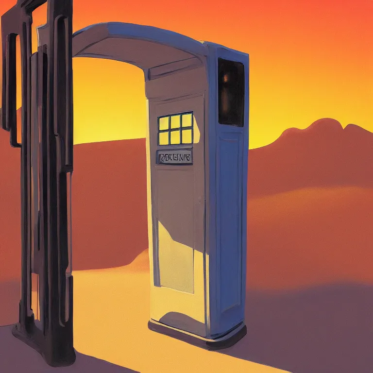 Image similar to phonebooth in a desert, sunset, painted by Edward Hopper, painted by James Gilleard, airbrush